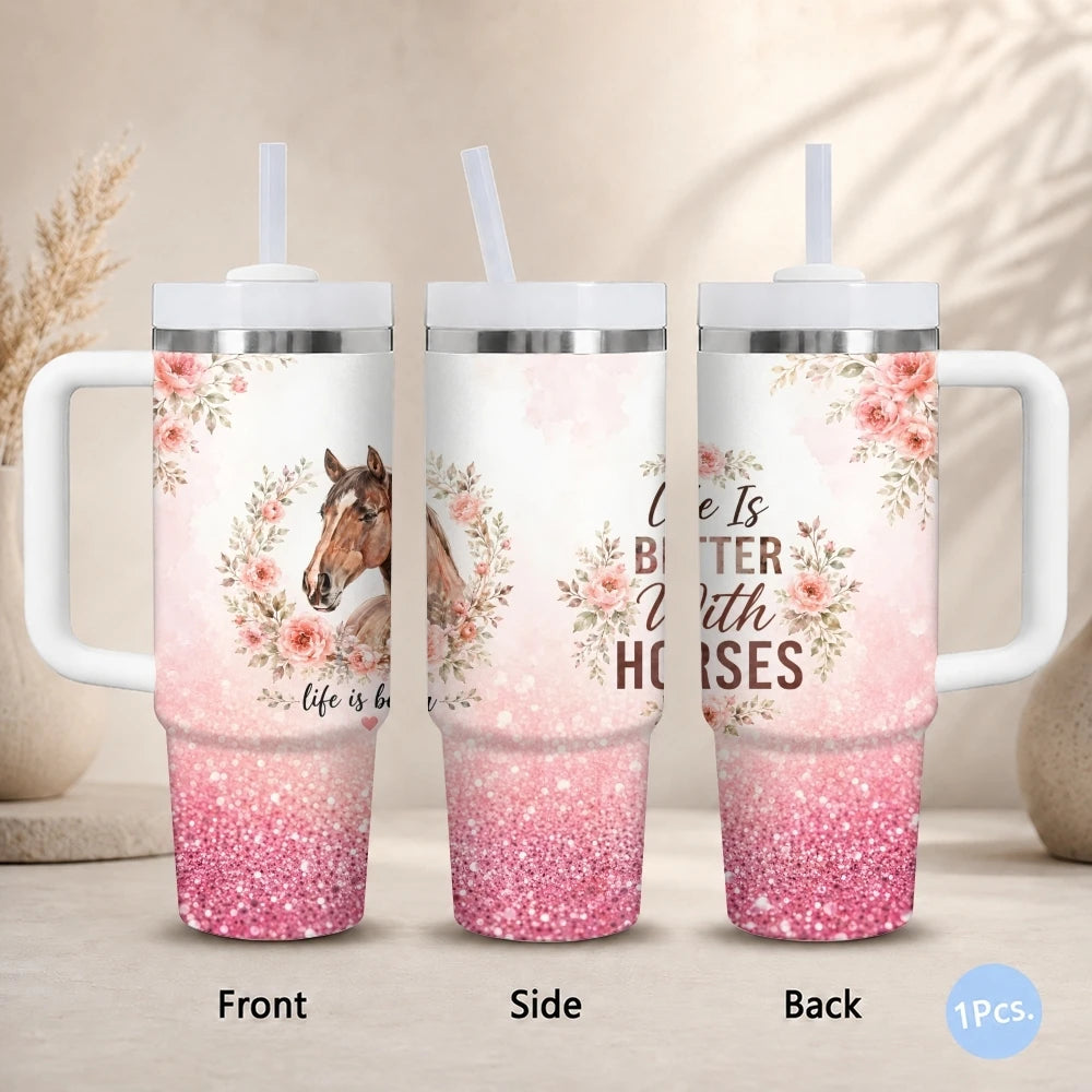 Horse 40oz Tumbler – Stainless Steel Insulated Travel Mug with Handle & Straw