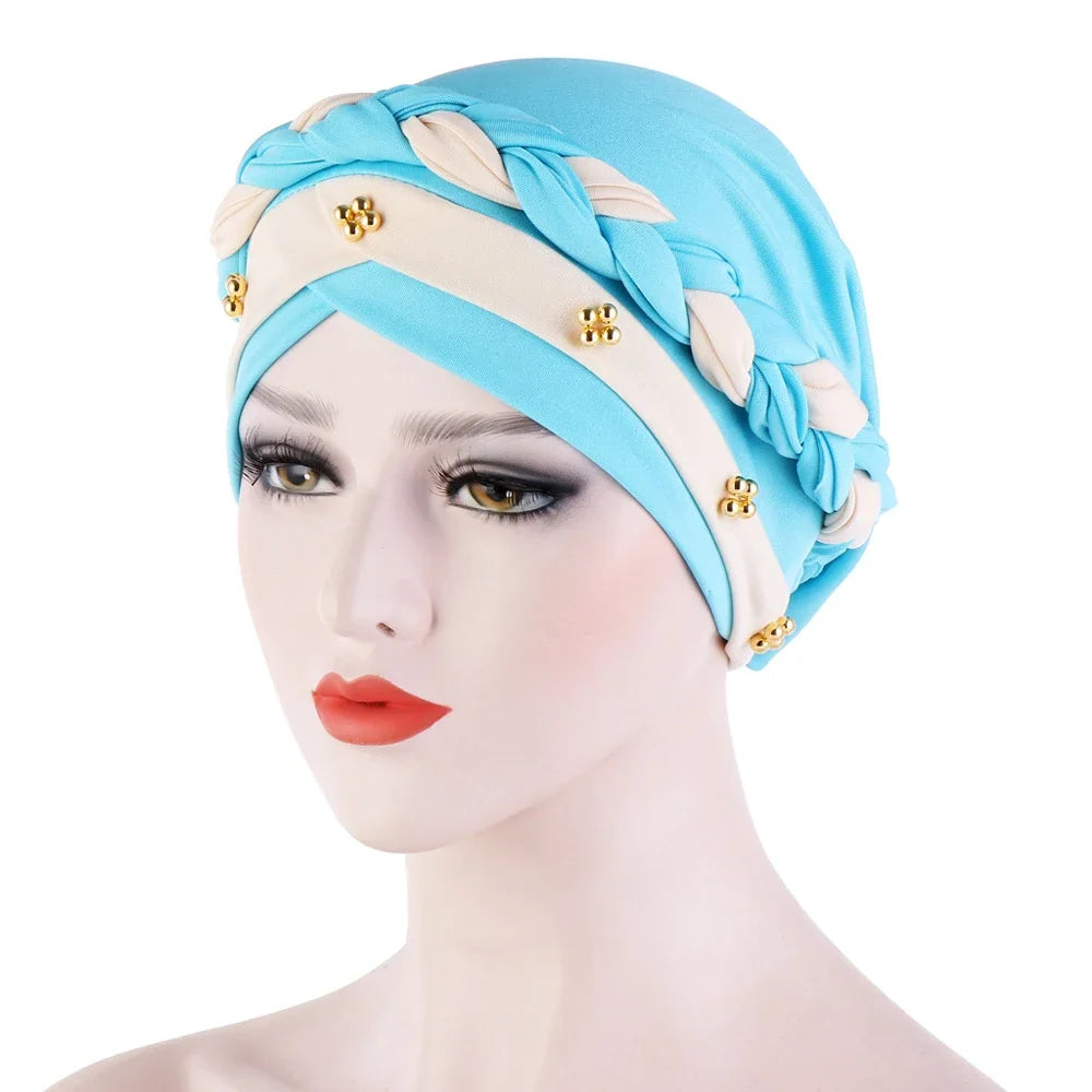 Women Lady Beads Muslim Braid Head Turban Wrap Cover Cancer Chemo Islamic Arab Cap Hat Hair Loss Bonnet Beanies Fashion - NamafadStore