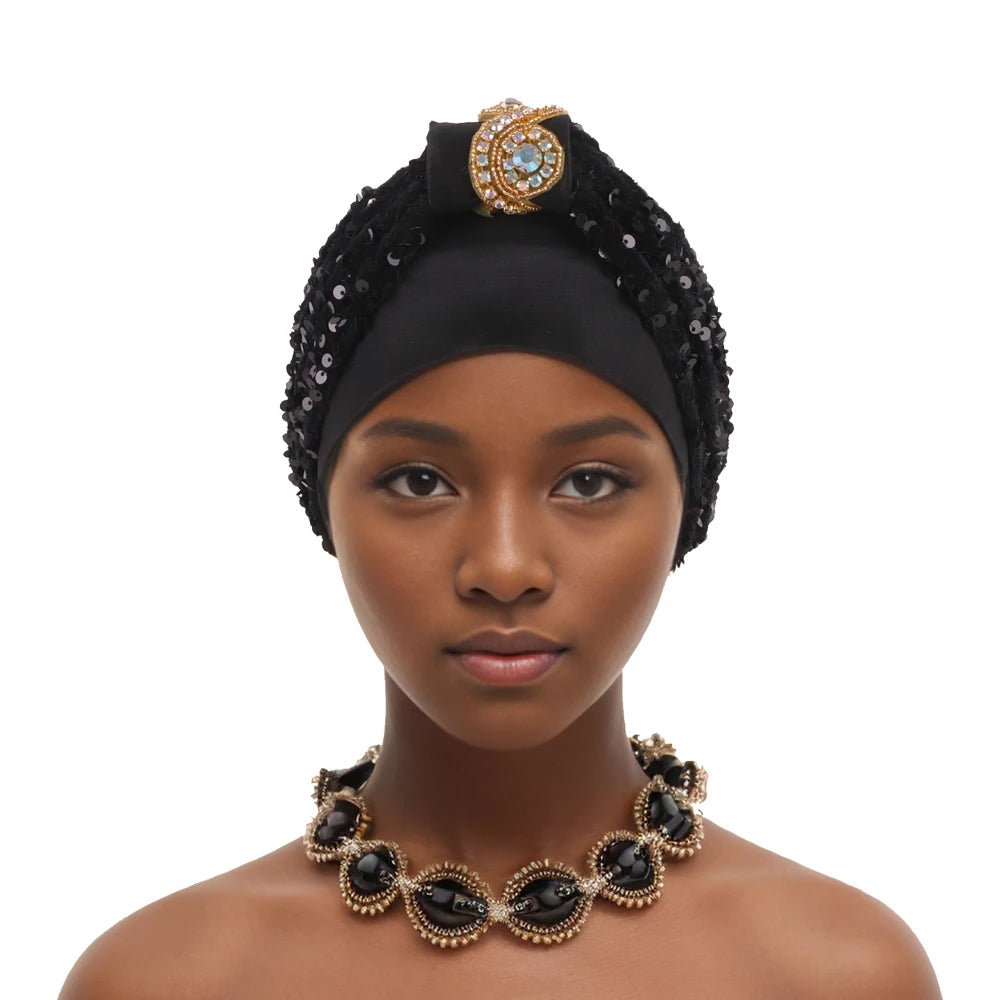 Shining Diamond Sequins Women's Turban Cap African Hat Headtie Bonnet Muslim Headwear Top Knotted Head Caps Turbante Mejur - NamafadStore