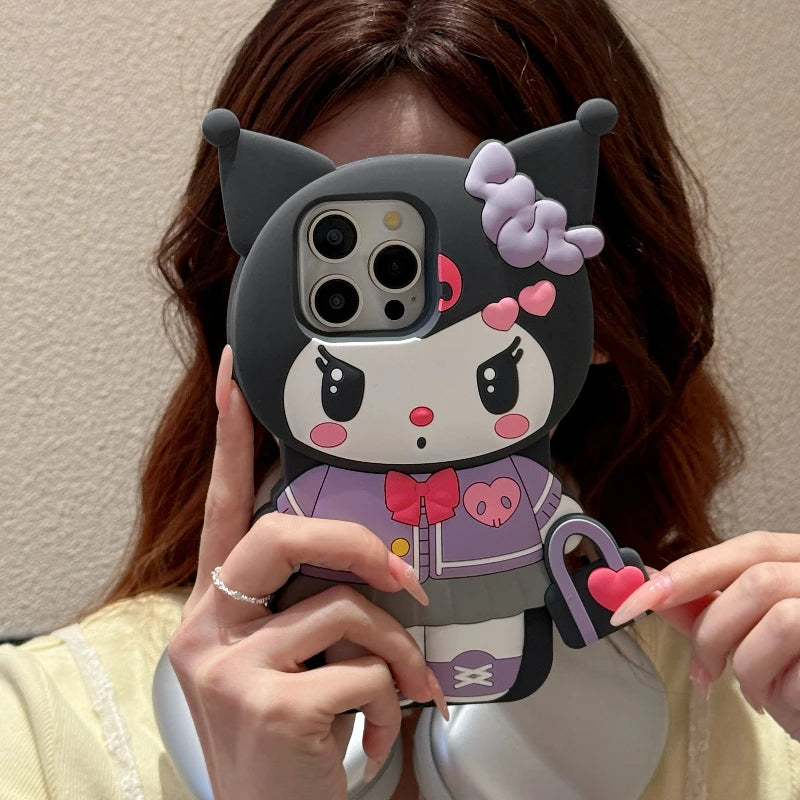 Sanrio Cute 3D Cartoon Kuromi Phone Case for iPhone 17 Pro17 16 15 14 13 12 11 Pro Max 16 Plus Shockproof Soft Silicone Cover