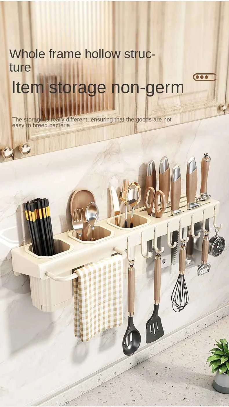 Wall-mounted knife rack for kitchen, multifunctional, no drilling required, knife and utensil holder, chopstick tube, integrated