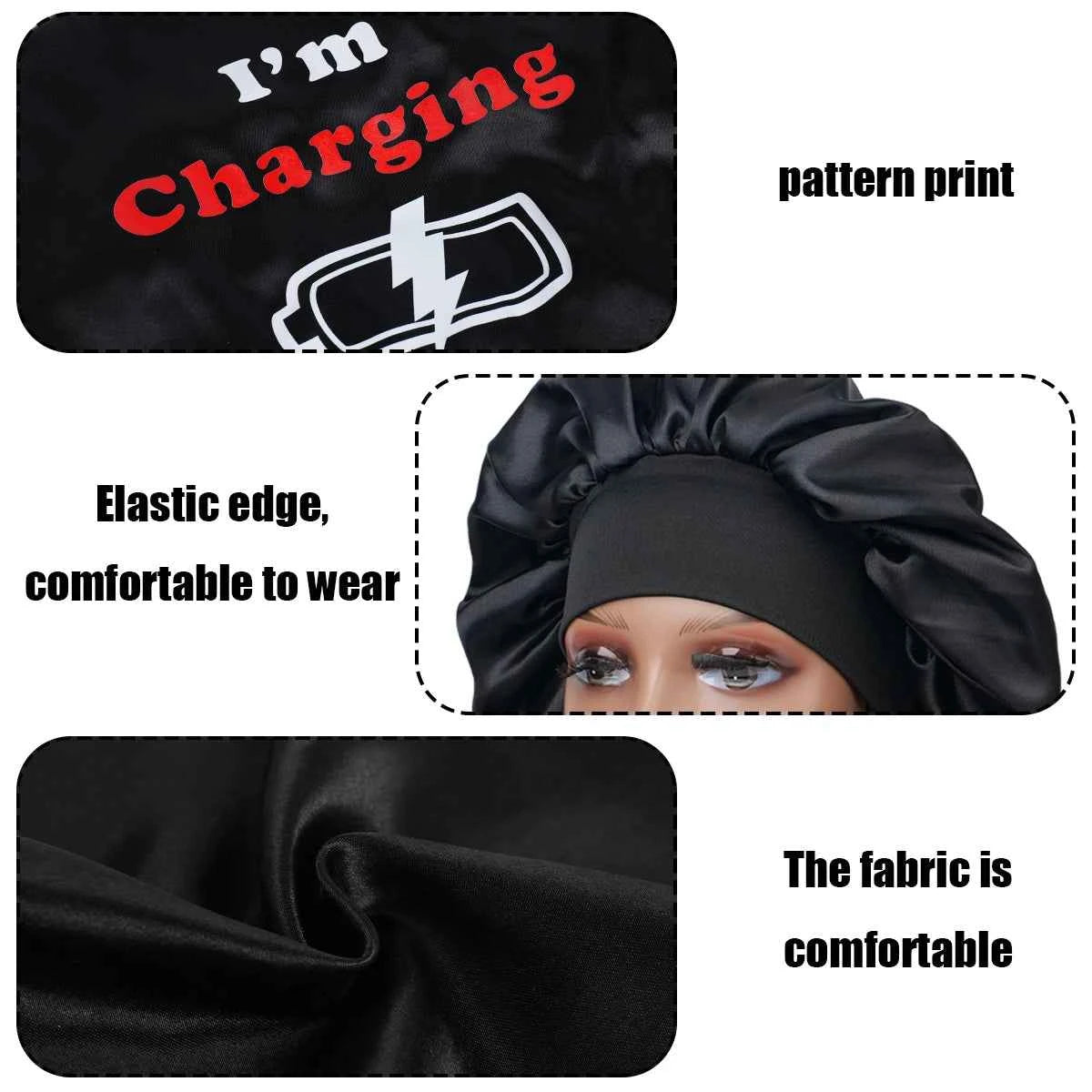 Satin Sleeping Cap for Women, Wide Elastic Band Bonnet with Funny Words Print, Soft & Breathable, Ideal for Curly Hair