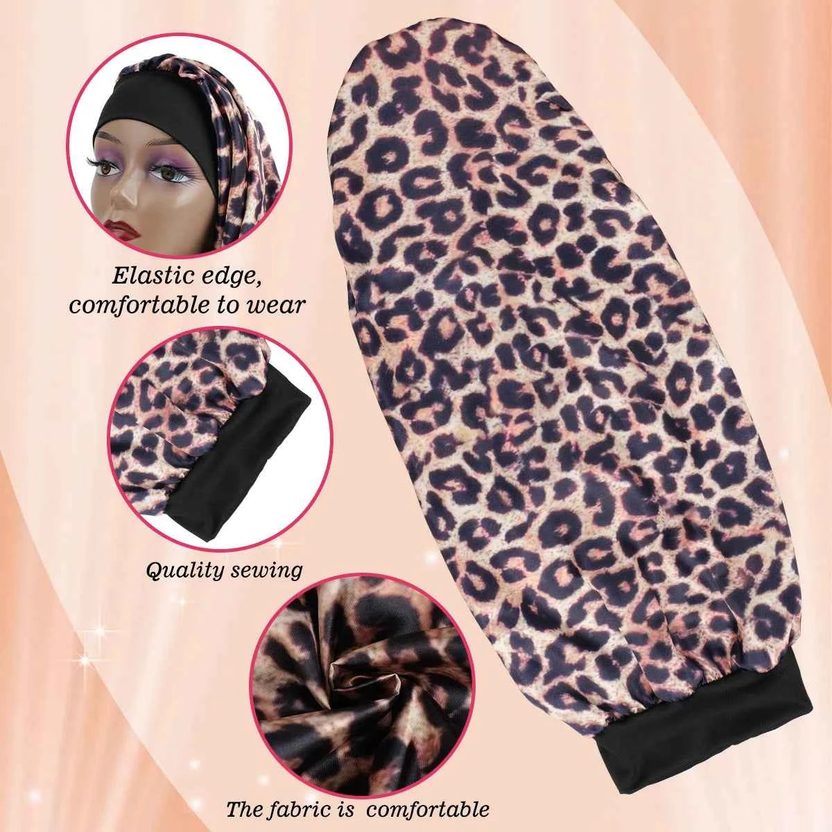 Women's Long Round Tail Bonnet-Silk Sleep Bonnet with Wide Elastic Edge-Hair Protector for Curly & Straight Hair-Leopard Print