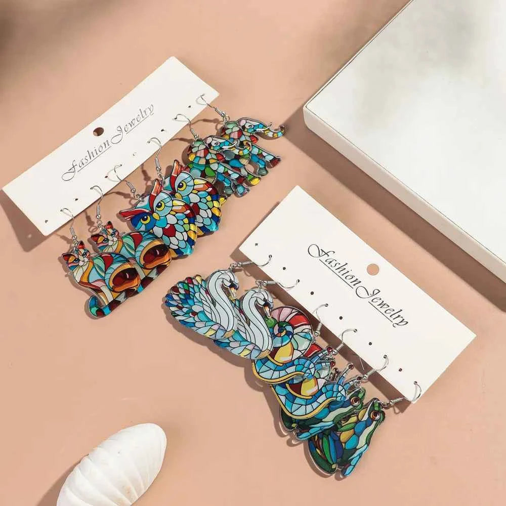 New Church Colorful  Cat Owl Elephant Acrylic Earrings Set for Women 3pair Cute Cartooon Animal Drop Earring Funny Jewelry Gifts