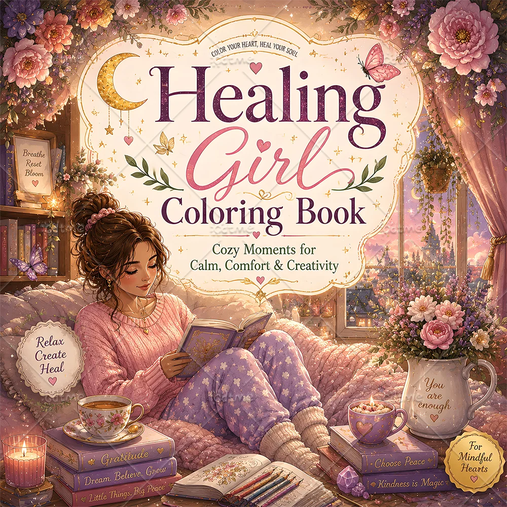Healing Girl Coloring Book for Adults & Teens – Cute Stress Relief Coloring