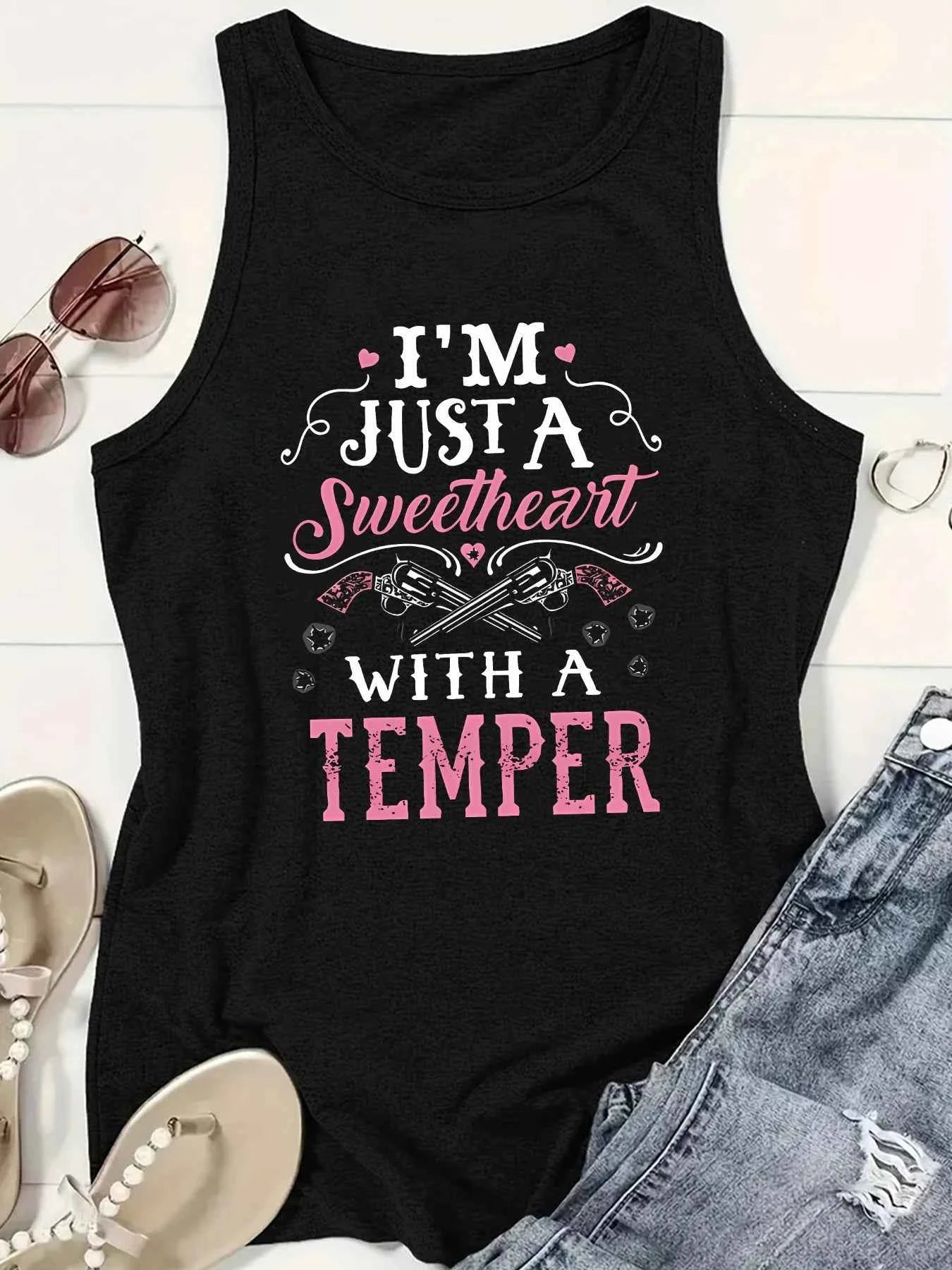 I'M JUST A Sweetheart Wiht A Temper Letter Print Women Tank Top Sleeveless Casual Summer New Crew Neck Tops for Women Clothes