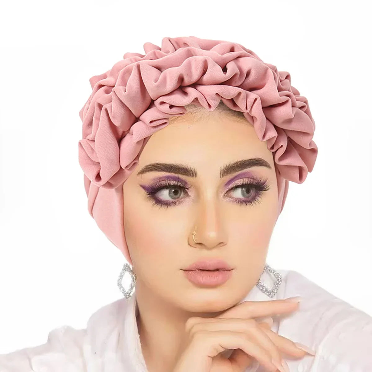 Trendy Crinkle Hijab Solid Color Muslim Ladies Turban Bonnet with Flower Decor for Ramadan and Everyday Wear