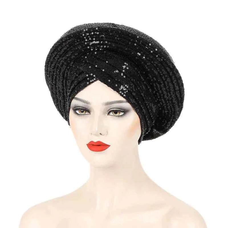 2025 Sequins Turban Chemo Cap for Women Ready to Wear African Auto Gele Headtie Nigeria Wedding Geles Female Head Wrap Headpiece