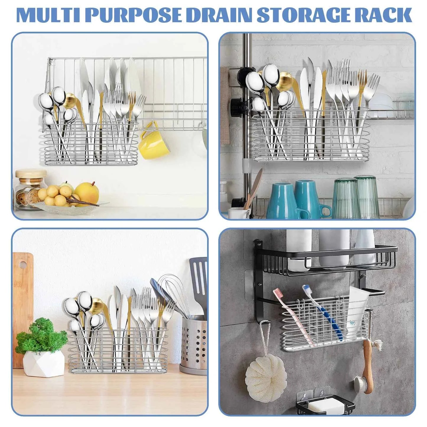 Stainless Steel Utensil Storage Rack Kitchen Chopstick Hanging Holder Cutlery Scoop Storage Basket Sink Countertop Organizers