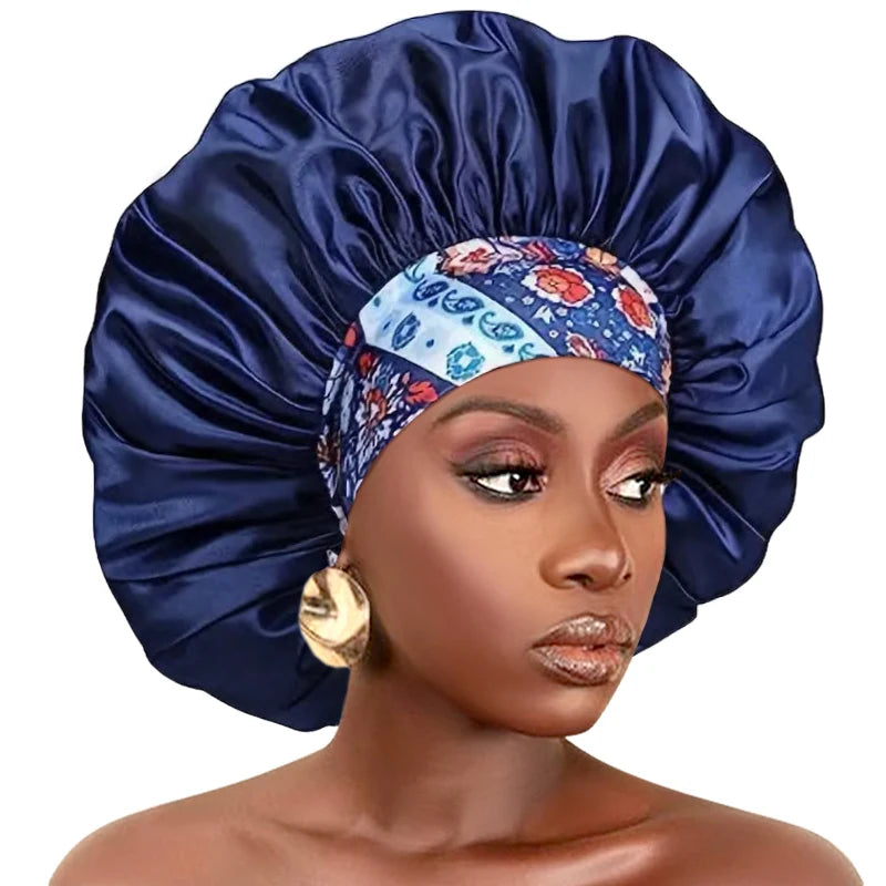 New Big Size Floral Print Bonnet Satin Wide Elastic Band Beanie Night Sleep Caps Head Cover African Headwrap Turban Chemo Caps - NamafadStore