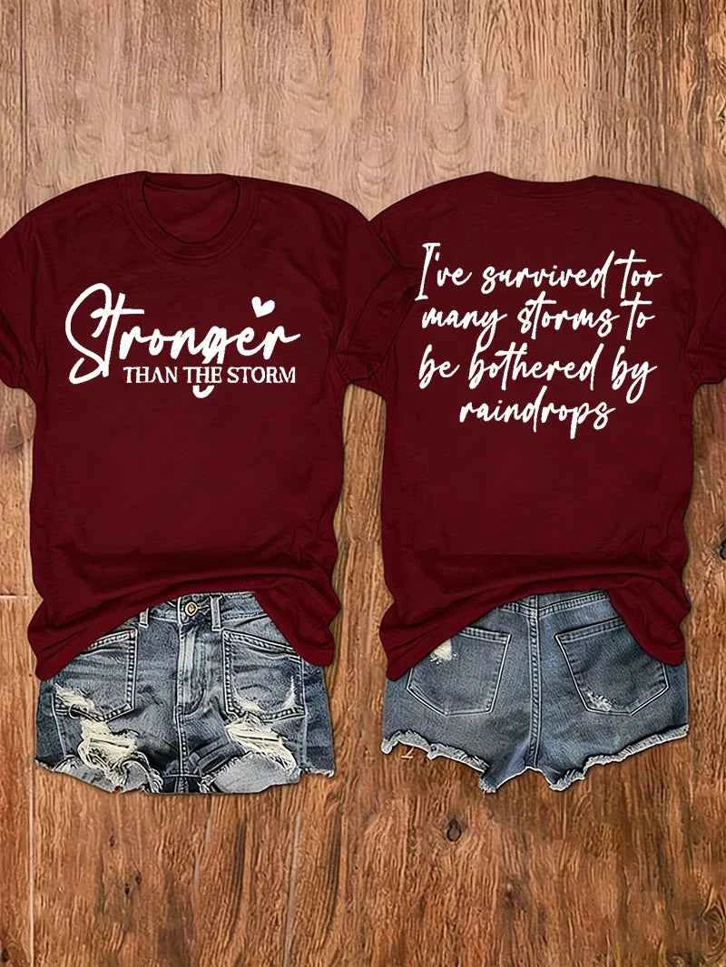 Women Summer Crew Neck Short Sleeve T-Shirt, Double Sided Inspirational Quote Print "Stronger Than The Storm", Casual Tee