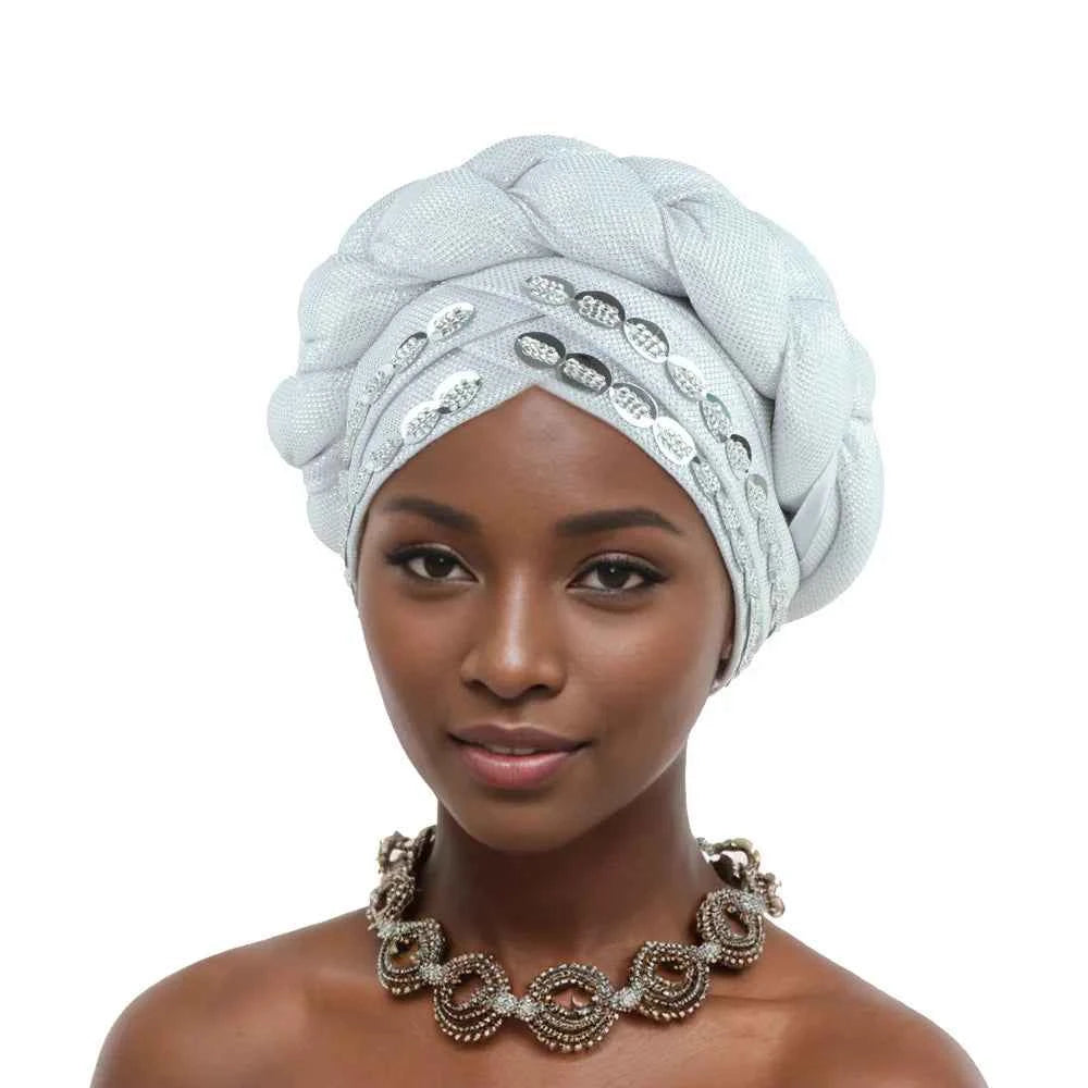 2025 Latest African Auto Gele Headtie Already Made Headties Shinning Turban Cap for Women Ready Nigerian Hijab Braid Head Wraps