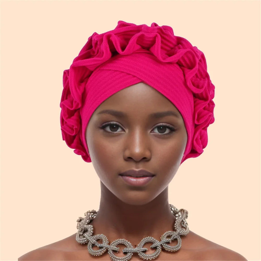 Ruffled Turban Cap Women's Head Wraps Soft Comfortable Headscarf Bonnet Lady Soild Color Headgear - NamafadStore