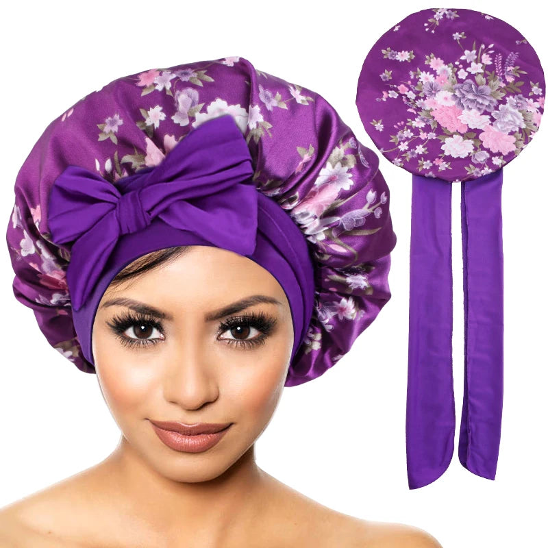 New Women Floral Satin Bonnet Printed Elegant Hair Bonnet with Tie Band Elastic Sleeping Night Cap Lightweight Shower Bath Cap - NamafadStore