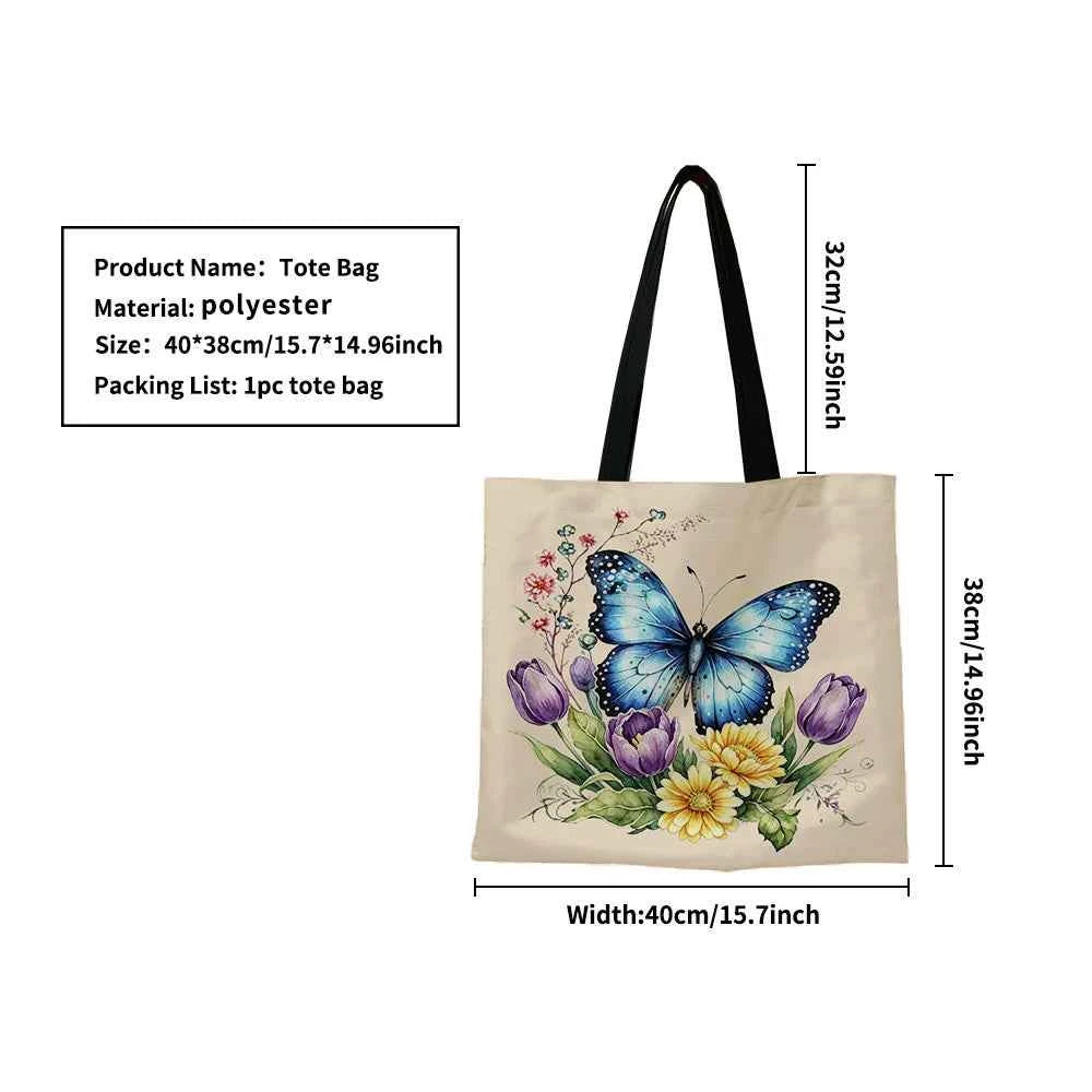 1pc Watercolor Blue Butterfly Floral Canvas Tote Bag – Vibrant Botanical Print with Tulips, Daisies & Wild Sprigs, Eco-Friendly