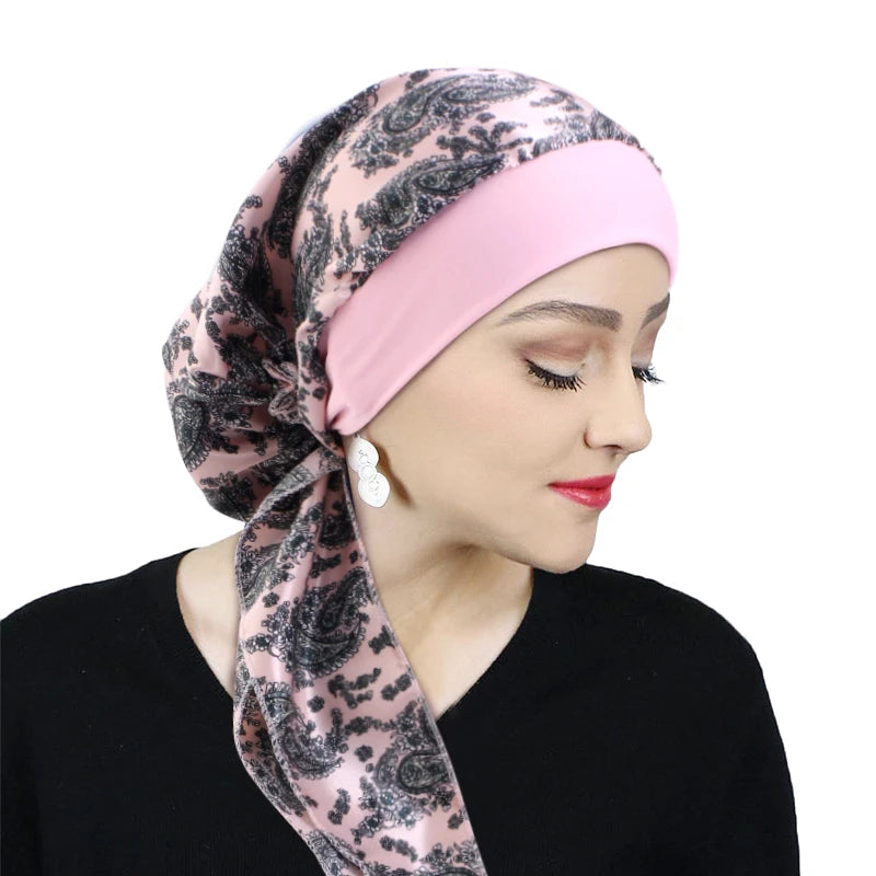 Printed Pre-tie Headscarf Women Elastic Muslim Female Turban Cancer Chemo Hat Hair Loss Cover Head Wrap Headwear Stretch Bandana - NamafadStore