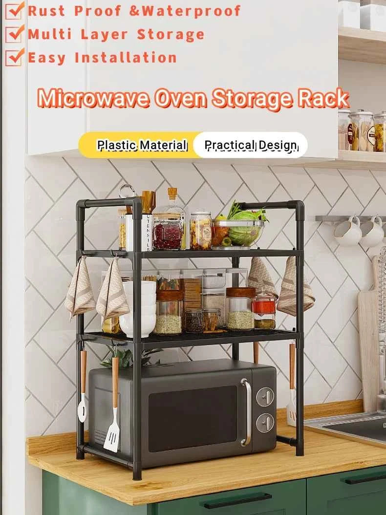1pc Microwave Oven Storage Rack, Space-saving Countertop Kitchen Utensils Tableware Organizer, Kitchen Accessories Plastic Shelf