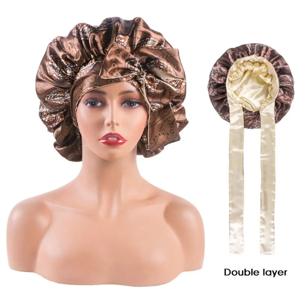 Double-layer Satin Sleep Cap Fashion Adjustable Stretchy Tie Band Silky Satin Bonnet Curly Hair Elastic Hair Cap Sleeping - NamafadStore