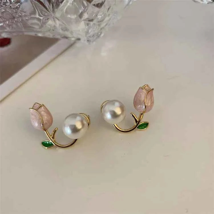 French Light Luxury Pink Tulip Flower Pearl Stud Earrings For Women Korean Zircon Exquisite Earring Party Christmas Jewelry Gift