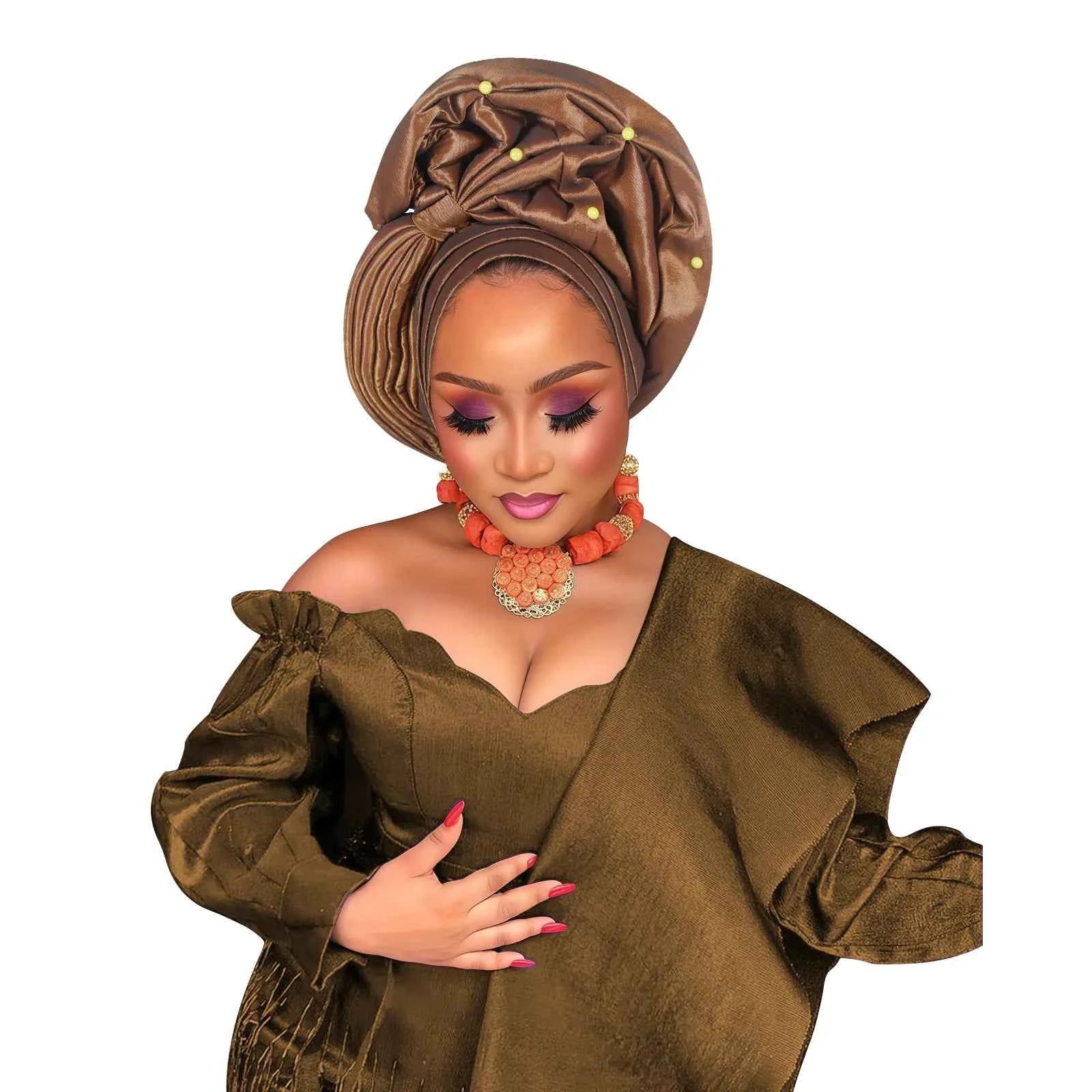 African Female Head Wraps Raw Silk Turban Cap for Women Nigeria Wedding Party Headcover Hat Ready to Wear Head Ties