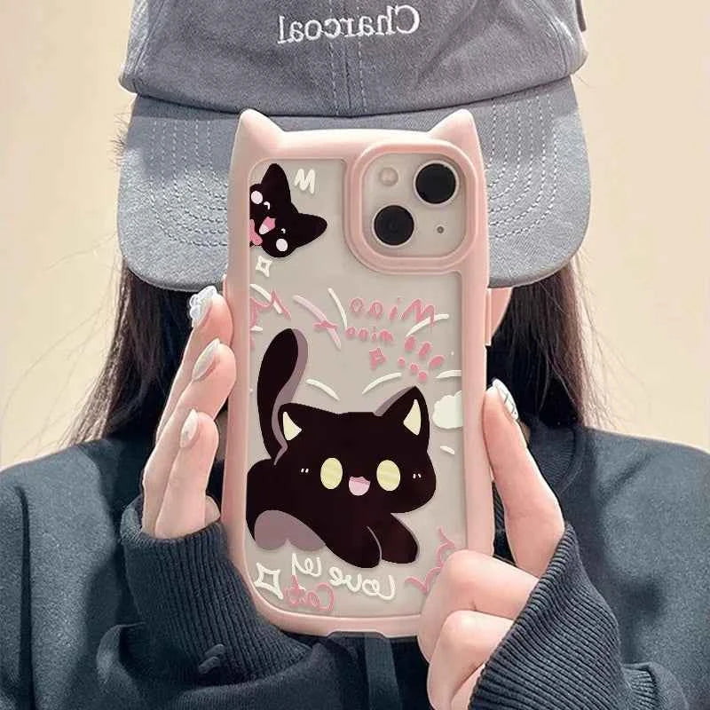 Cartoon Cute Cat Transparent Case for iPhone 15 16 14 13 17 Pro Max Plus 12 11 17 Air Cat's Ears Clear Shockproof Silicone Cover