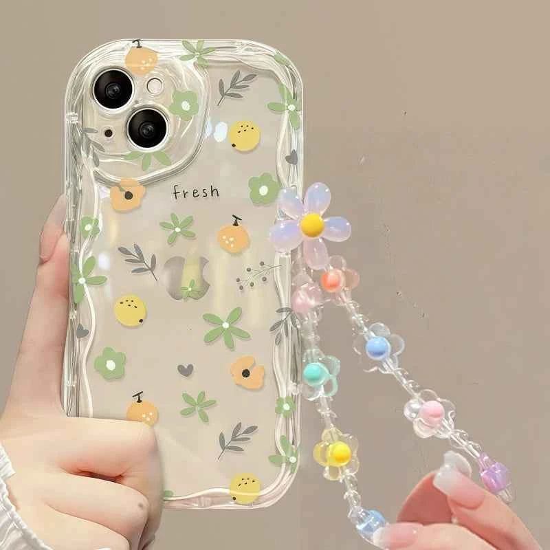 Phone Case For iPhone 17 16 15 Pro Max 14 11 13 12 Mini Plus 16E 17 Air IPhone17 Back Cover Flower Bracelet Wrist Chain Strap