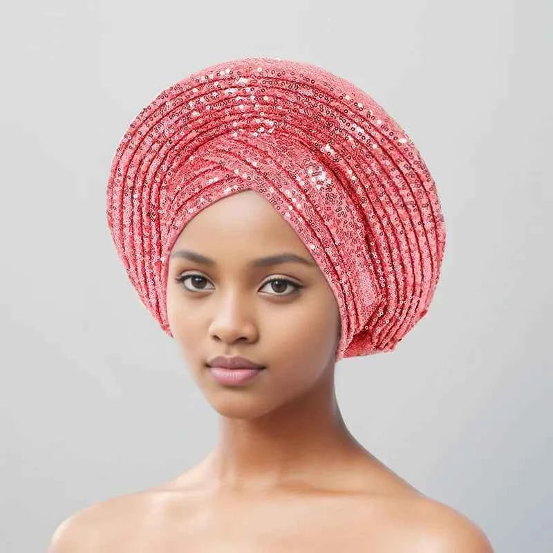 Sequins Auto Gele Headtie African Women's Head Wraps Fashion Turban Cap Nigeria Wedding Geles Already Made Head Ties Headpiece