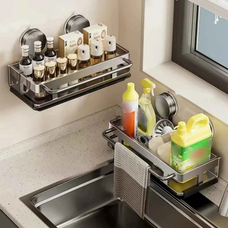 Suction Cup Storage Shelf Punch Free Wall Mounted Storage Rack Space Saving Bathroom kitchen Storage Rack Kitchen Sponge Holder