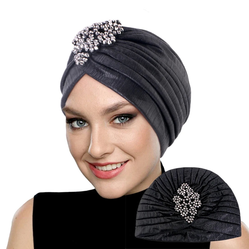 New Women's Luxury Diamond Turban Cap Muslim Indian Hat Bandana Elastic Beanies Chemo Cap African Hat Headwear - NamafadStore