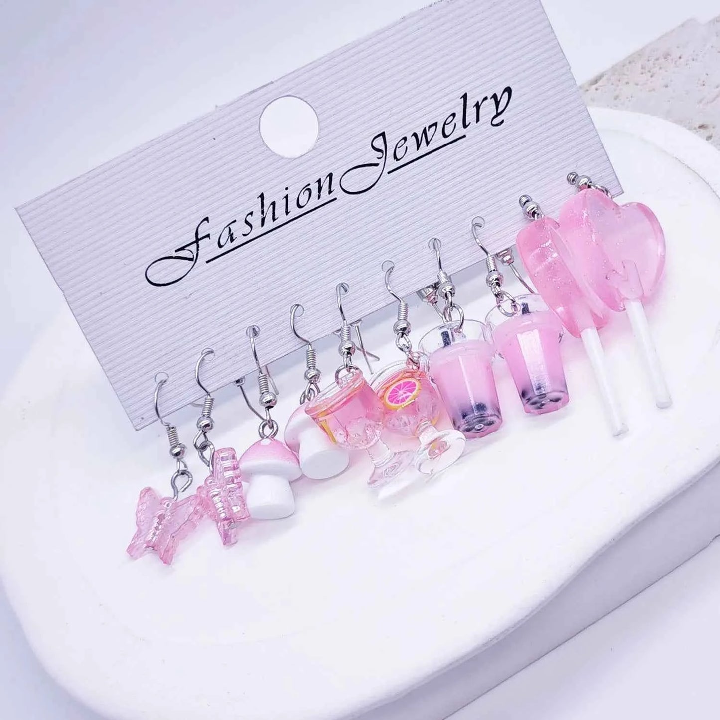 European and American cross-border cartoon fashion resin simulation food, milk tea, mushroom candy earrings, pink set