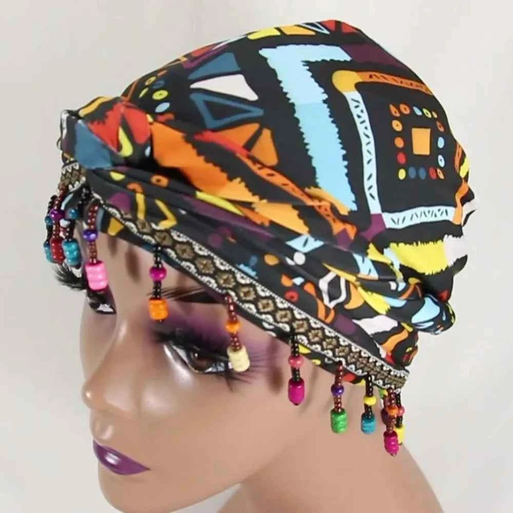 Bonnet Hat Elastic Colorful Beaded Headscarf Breathable Hijab Pre-tie Head Wraps Dome Indian Style Jacquard Pullover Cap Gifts