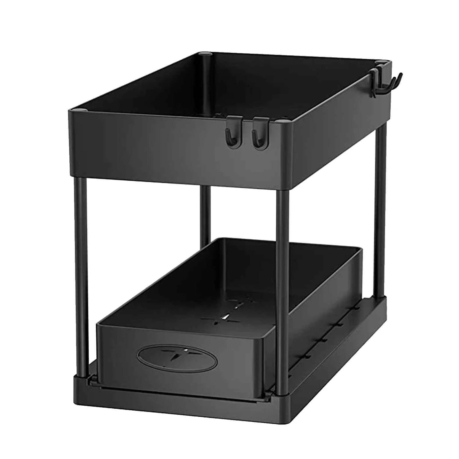 2 Tier Under Sink Organizer Sliding Cabinet Basket Organizer Storage Rack with Hooks Hanging Cup Bathroom Kitchen Organizer