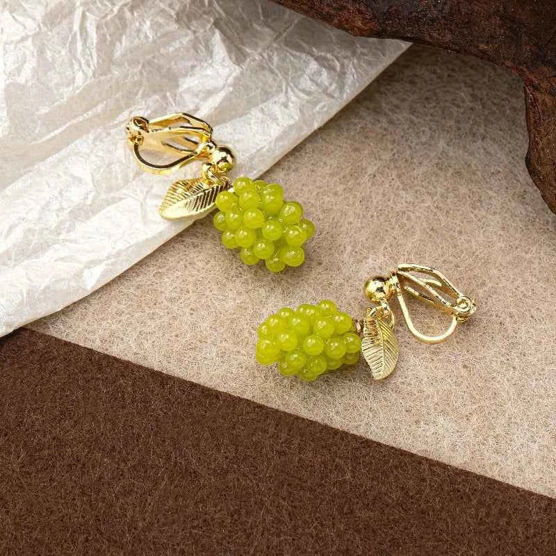Non Pierced Ear Clips Japanese Green Grape Earrings Small Cute Transparent Fruit Cherry Clip on Earrings for Female Party Gifts