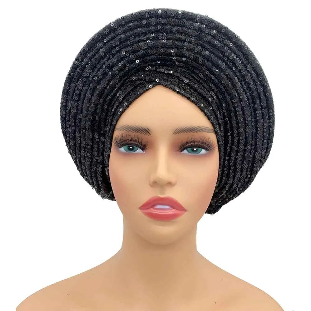 Sequins Auto Gele Headtie African Women's Head Wraps Fashion Turban Cap Nigeria Wedding Geles Already Made Head Ties Headpiece