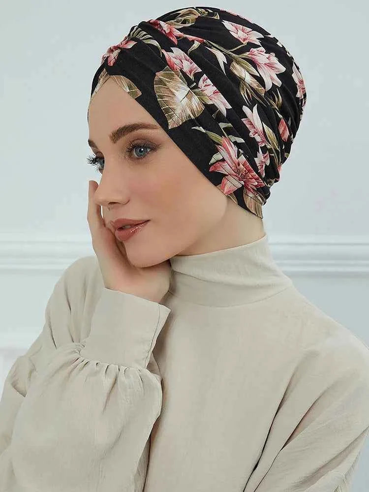 Floral Instant Muslim Turban Hijab for Women – Turkish Style Islamic Headwear Wrap Head Scarf Hair Accessories Hat