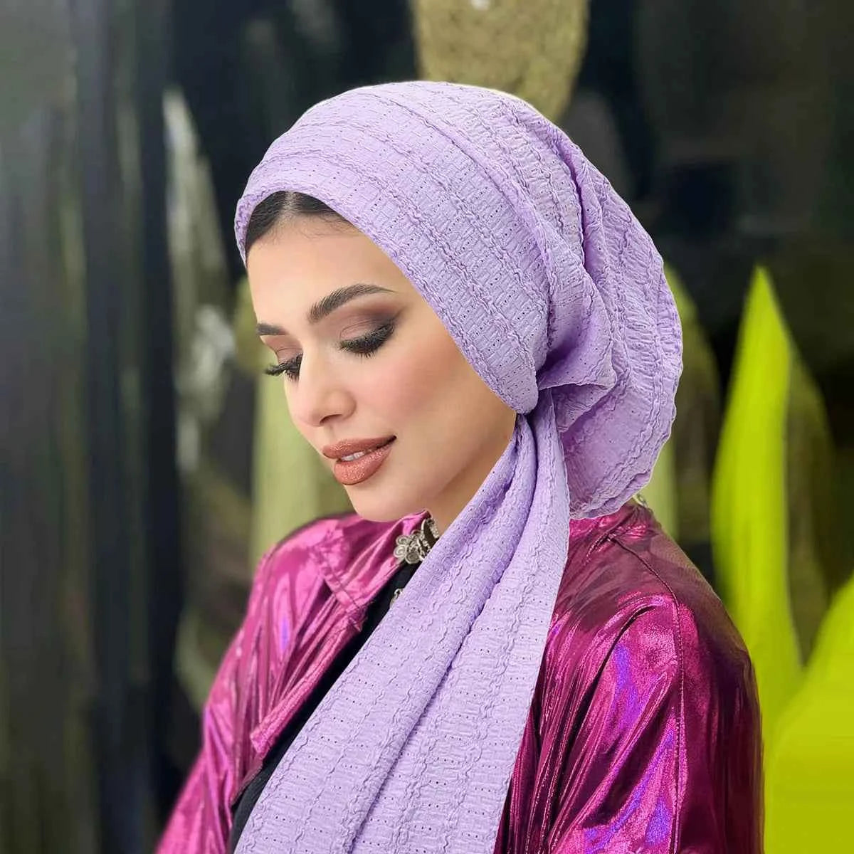 Ramadan Solid Color Crinkle Turban Hijab Hats Long Tail Head Wraps Soft Strech Muslim Hats Breathable Chemo Cap For Women Girls