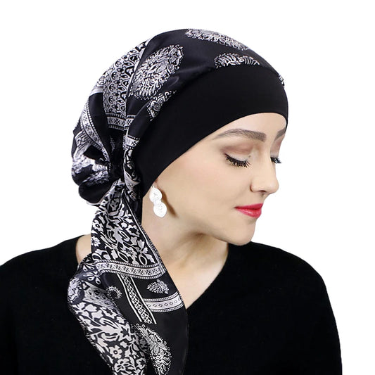 Printed Pre-tie Headscarf Women Elastic Muslim Female Turban Cancer Chemo Hat Hair Loss Cover Head Wrap Headwear Stretch Bandana - NamafadStore