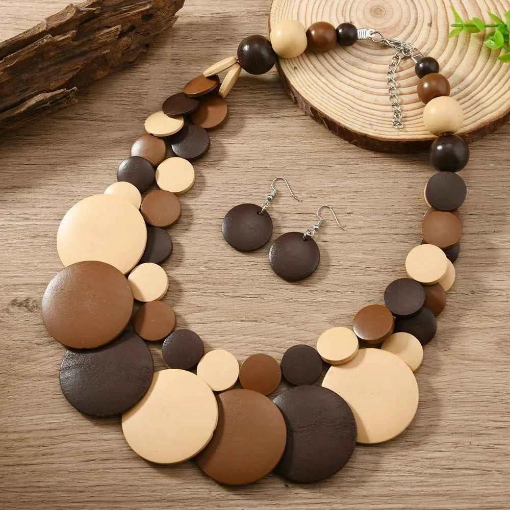 African Jewelry Bohemian Colored Geometric Round Wooden Beads Handmade Bead Necklace And Earrings Women's Party Accessories