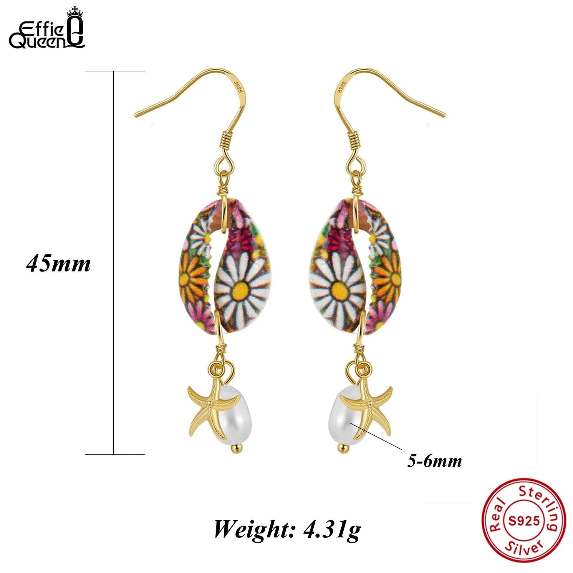 Effie Queen Natural Freshwater Pearls With Starfish Style & Floral Pattern Ornament 925 Sterling Silver Dangle Earrings GPE117