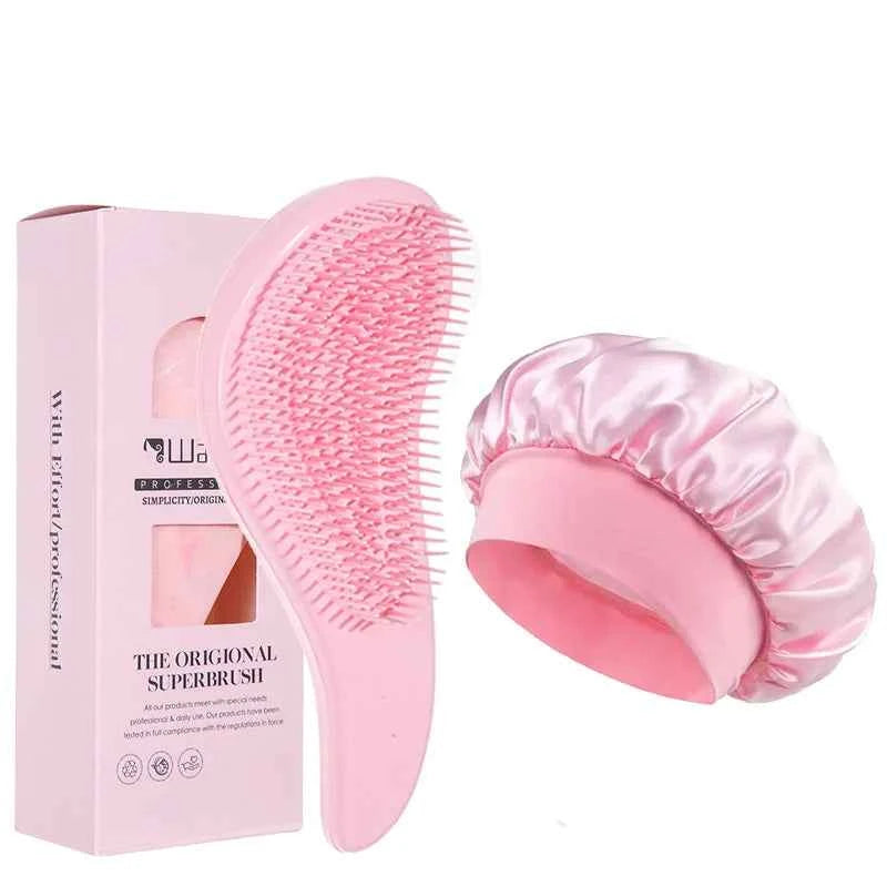2/4Pcs Hair Care Set Scalp Massage Detangling Comb + Satin Sleep Cap + 2 Hair Scrunchies, Anti-Frizz Hair Accessories for Women