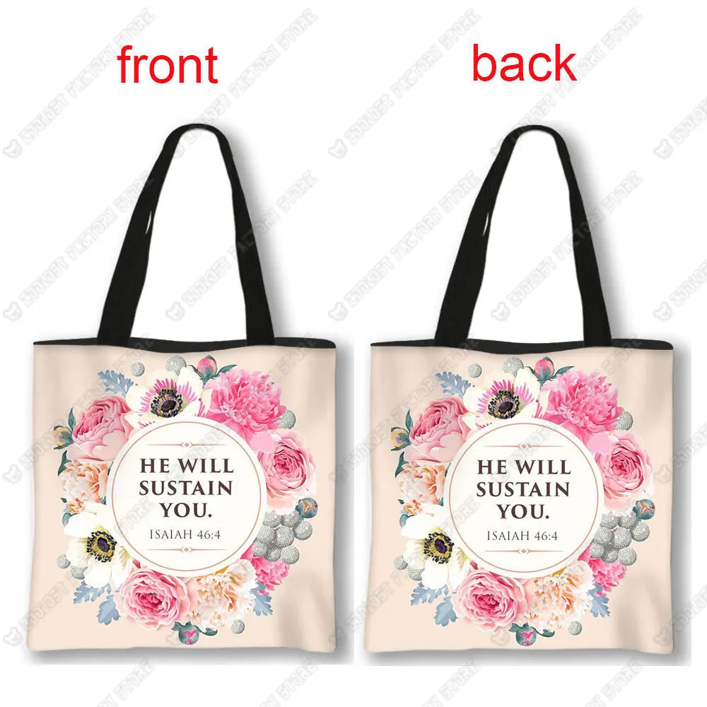 Christian Bible Verse Print Handbag God He Will Sustain You Lady Shopping Fashion Shoulder Bag Girl Travel Tote Bag Gift