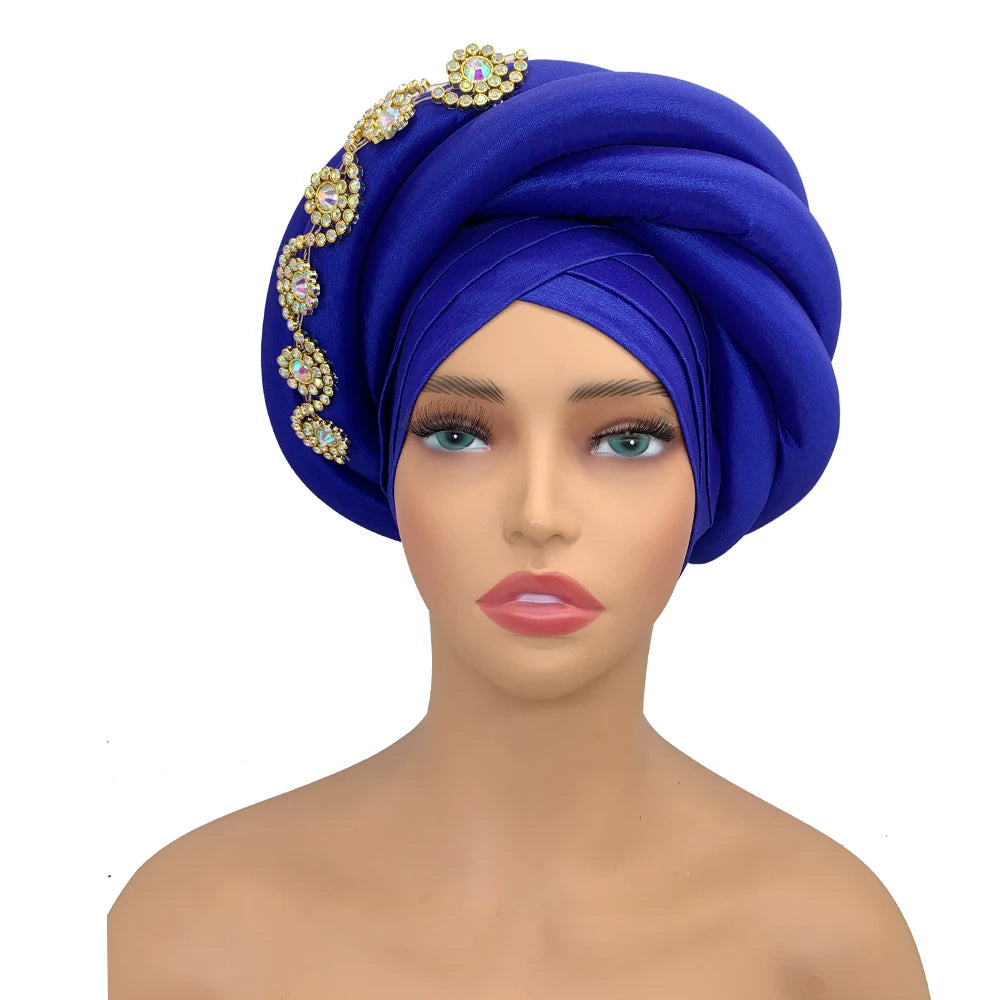 Twisted Braid Turban Cap for Women African Lady Head Wraps Diamonds Nigeria Raw Silk Autogele Headtie Muslim Hat Party Headwear - NamafadStore