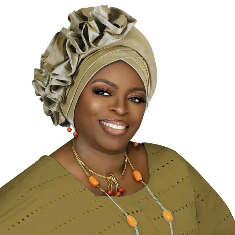 Ruffled Turban Cap for Women African Lady Head Wraps Bonnet Nigeria Female Headtie Wedding Party Headgear