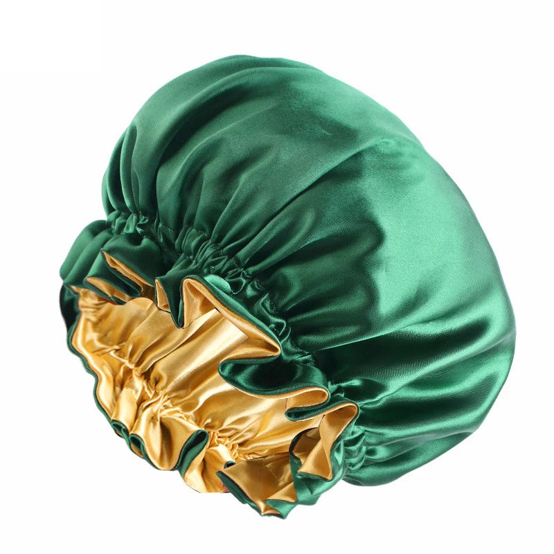 New Solid Elastic Double Layer Satin Bonnet Nightcap Women Night Sleep Hair Protection Hat Reversible Sleeping Hat Hair Care New - NamafadStore