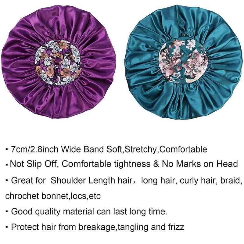 Large Women Satin Bonnet Night Hat Flower Print Elastic Wide Band Sleeping Cap Women Hair Care Shower Cap Hats Head Wrap