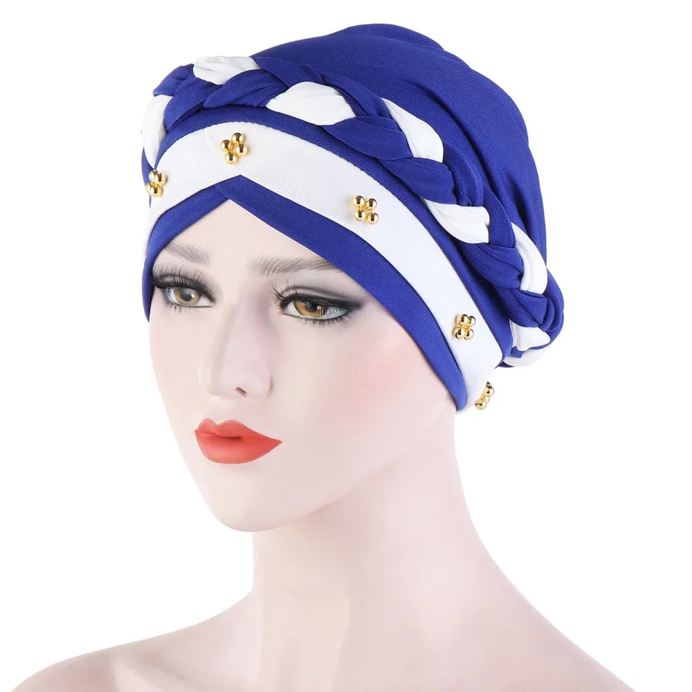 Women Lady Beads Muslim Braid Head Turban Wrap Cover Cancer Chemo Islamic Arab Cap Hat Hair Loss Bonnet Beanies Fashion - NamafadStore