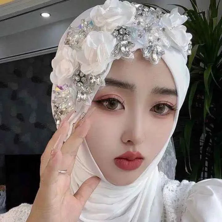 Diamonds Amira Flower Turban Hijabs Instant Scarf Women Muslim Hijab Scarves Head Cover Bride Pull On Ready Headscarf Wrap Niqab