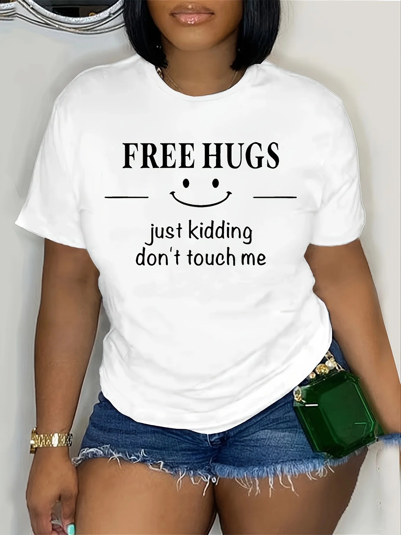 Free Hugs Just Kidding Don't Touch Me Women's Tee - Funny Introvert Graphic, Casual Black Top