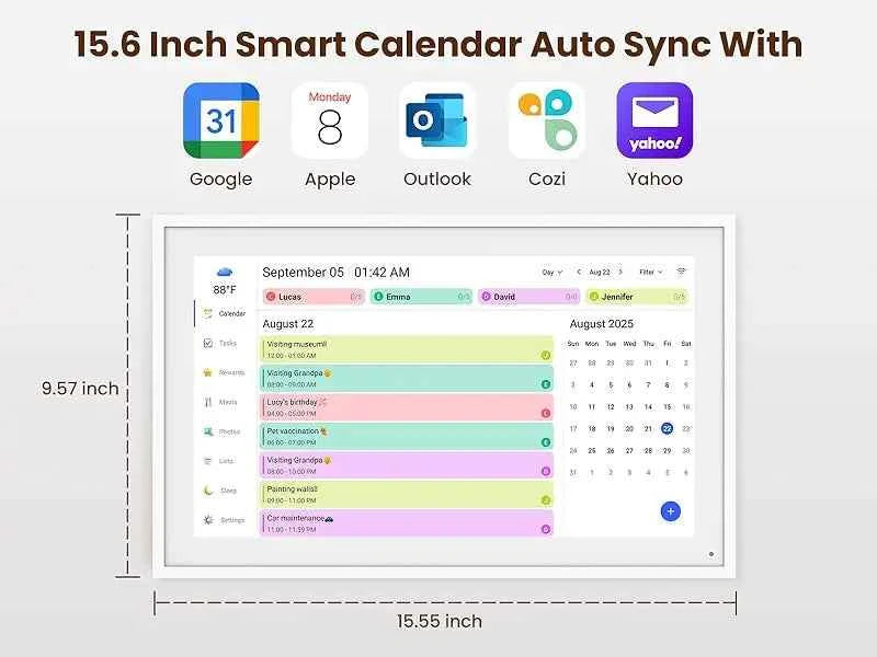 15.6 Inch Wall Planner Digital Calendar Chore Chart Smart Touchscreen Interactive Display APP Control 64GB for Family Schedules