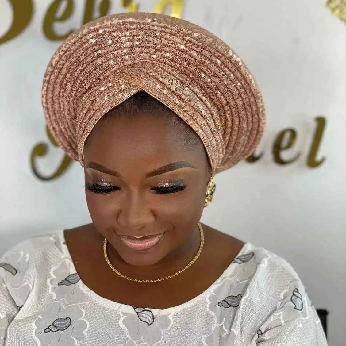 Sequins Auto Gele Headtie African Women's Head Wraps Fashion Turban Cap Nigeria Wedding Geles Already Made Head Ties Headpiece